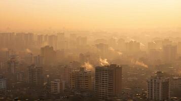 A cityscape shrouded in a yellowish-brown haze of air pollution, highlighting the health risks associated with poor air quality. Air pollution bad ecology photo
