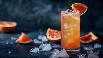 Tangy grapefruit juice served over ice in a highball glass with a grapefruit twist. photo