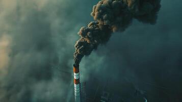 A close-up view of a factory chimney emitting black smoke and particulate matter, representing the emissions of harmful pollutants into the atmosphere. Air pollution bad ecology photo