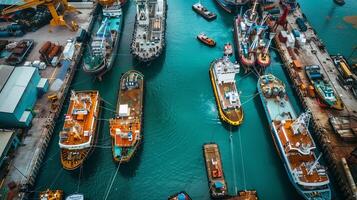 A bustling harbor filled with boats and ships docked at piers equipped with tidal turbines, harnessing the power of ocean tides for renewable energy production. Renewable energy sources photo
