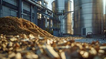 A close-up view of a bioenergy facility with large silos storing biomass feedstock, such as agricultural residues and organic waste, for conversion into renewable energy. Renewable energy sources photo