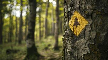 A close-up of a tree marked with a conservation symbol, indicating its protected status within a designated forest area. Concept Nature Conservation, Sustainability, Green Lifestyle, Forest Protection photo