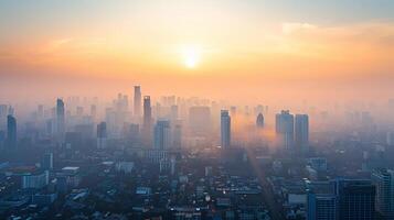 A city skyline obscured by thick smog and air pollution, highlighting the negative impact of climate change on air quality in urban areas. Climate change photo