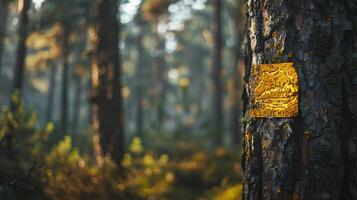 A close-up of a tree marked with a conservation symbol, indicating its protected status within a designated forest area. Concept Nature Conservation, Sustainability, Green Lifestyle, Forest Protection photo