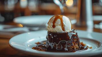 Sticky toffee pudding topped with warm toffee sauce and a scoop of vanilla ice cream. photo
