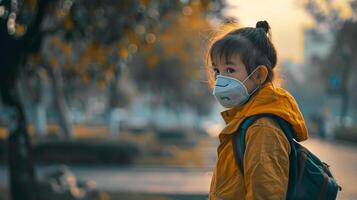 A child wearing a mask while playing outdoors in a polluted urban park, symbolizing the need to protect vulnerable populations from harmful air pollutants. Air pollution bad ecology photo