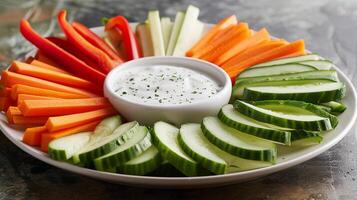 Veggie platter with cucumber slices, carrot sticks, bell pepper strips, and ranch dressing. photo
