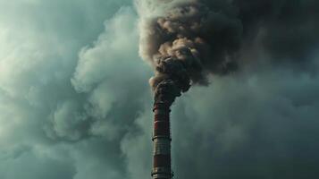 A close-up view of a factory chimney emitting black smoke and particulate matter, representing the emissions of harmful pollutants into the atmosphere. Air pollution bad ecology photo