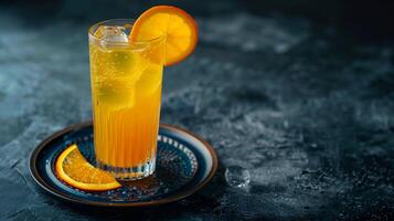 Tall glass of freshly squeezed orange juice with ice cubes and a slice of orange on the rim. photo