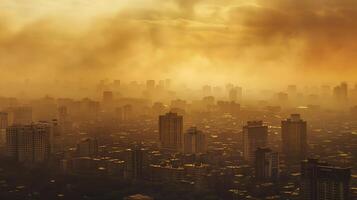 A cityscape shrouded in a yellowish-brown haze of air pollution, highlighting the health risks associated with poor air quality. Air pollution bad ecology photo