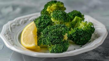 Steamed broccoli florets served with a wedge of lemon on a white plate. photo