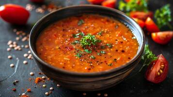 Turkish red lentil soup with red lentils, tomatoes, and spices in a bowl. photo