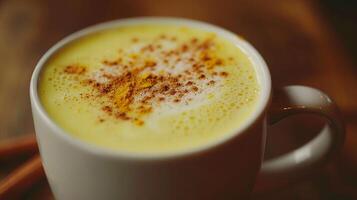 Turmeric golden milk latte in a mug with a sprinkle of cinnamon on top. photo