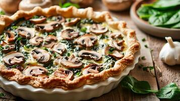 Spinach and mushroom quiche with a flaky pastry crust, served in a pie dish. photo
