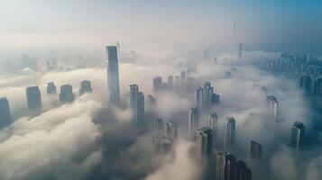 Aerial view of a megacity engulfed in a thick layer of smog, emphasizing the scale and severity of air pollution in densely populated urban areas. Air pollution bad ecology photo