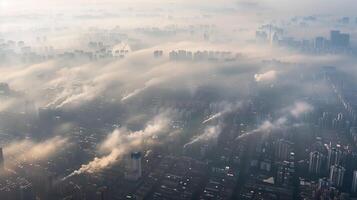 Aerial view of urban sprawl with a visible layer of smog blanketing the entire city, showing the widespread nature of air pollution in urban areas. Air pollution bad ecology photo