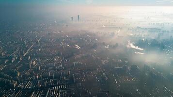 Aerial view of urban sprawl with a visible layer of smog blanketing the entire city, showing the widespread nature of air pollution in urban areas. Air pollution bad ecology photo