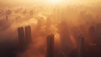 Aerial view of a megacity engulfed in a thick layer of smog, emphasizing the scale and severity of air pollution in densely populated urban areas. Air pollution bad ecology photo