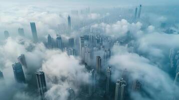 Aerial view of a megacity engulfed in a thick layer of smog, emphasizing the scale and severity of air pollution in densely populated urban areas. Air pollution bad ecology photo