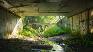 A wildlife underpass beneath a busy highway, providing safe passage for animals to migrate between forest habitats without the risk of vehicle collisions. Concept Sustainability Forest Protection photo