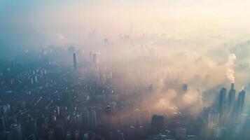 Aerial view of urban sprawl with a visible layer of smog blanketing the entire city, showing the widespread nature of air pollution in urban areas. Air pollution bad ecology photo