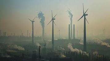 A wind turbine farm against a backdrop of smog-filled skies, representing the transition to renewable energy as a solution to mitigate climate change. Climate change photo