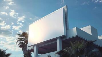 Blank billboard on modern building with palm trees mockup photo