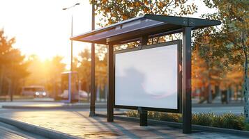 Modern bus stop with blank advertisement board at sunset mockup photo