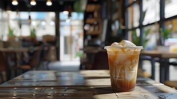 Iced coffee with caramel in a modern cafe mockup photo