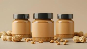 Peanut butter jars with blank labels and peanuts around them empty studio mockup photo
