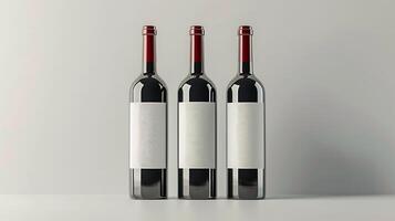 Three wine bottles with blank labels mockup white background photo