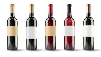 Five different colored wine bottles with blank labels in a row mockup white background studio photo