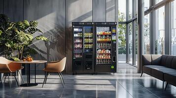 Office lounge with vending machines and seating mockup photo