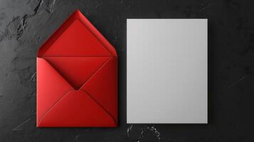 A red envelope partially open with a blank white sheet of paper next to it, placed on a dark textured surface mockup photo