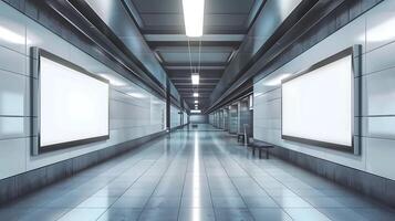 Modern empty corridor with illuminated advertisement boards mockup photo