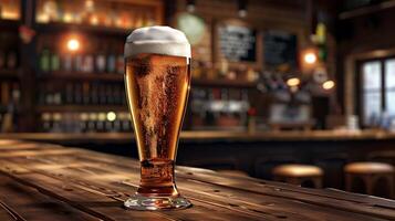 Tall glass of beer on a wooden bar counter in a cozy pub photo