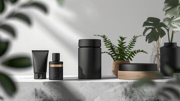 Black blank cosmetic containers mockup on marble surface with plants photo