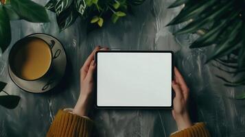 Person holding blank mockup tablet on table with coffee and plant leaves photo