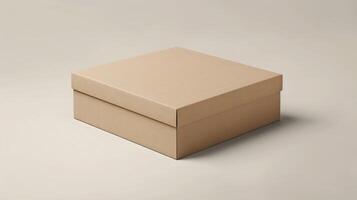 Plain cardboard box with lid on neutral background mockup photo