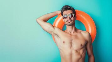 Interesting summer photo of a man with an inflatable ring