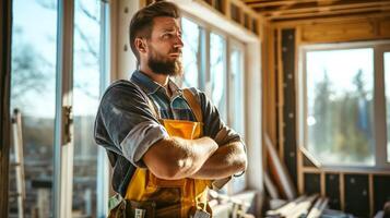 Male builder in a helmet with tools at work, photo of man constructor for Labor Day
