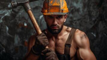 Male builder in a helmet with tools at work, photo of man constructor for Labor Day