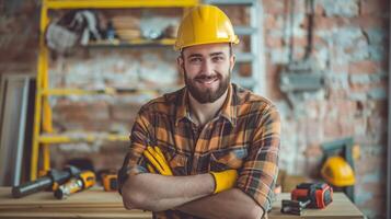 Male builder in a helmet with tools at work, photo of man constructor for Labor Day