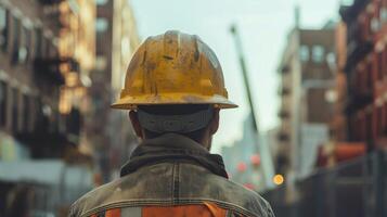 Male builder in a helmet with tools at work, photo of man constructor for Labor Day
