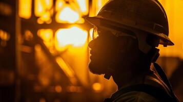 Male builder in a helmet with tools at work, photo of man constructor for Labor Day