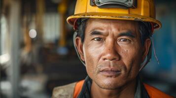 Male builder in a helmet with tools at work, photo of man constructor for Labor Day