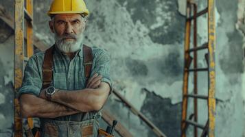 Male builder in a helmet with tools at work, photo of man constructor for Labor Day