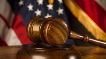 Photo of a judge's gavel to make a fair legislative decision in a criminal case in courtroom close up