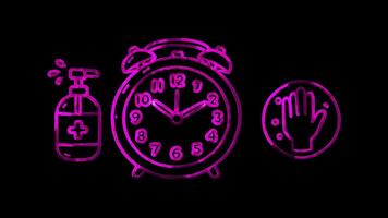 Glowing looping global hand washing Day clock with handwashing times highlighted. neon frame effect, black background. video