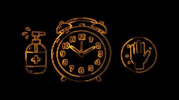 Glowing looping global hand washing Day clock with handwashing times highlighted. neon frame effect, black background. video